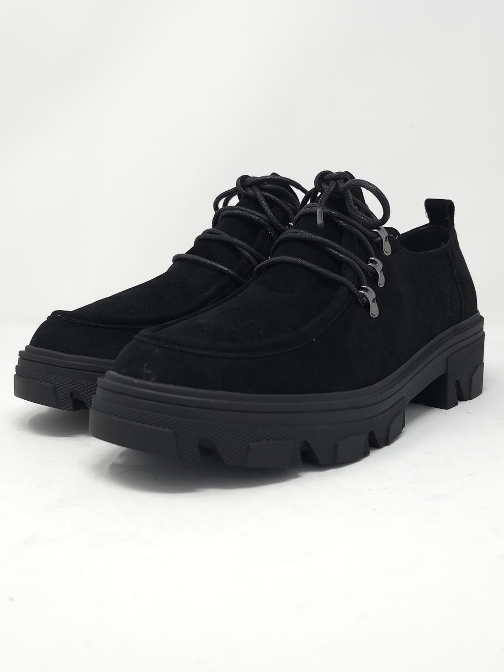 Black Faux Suede Chunky Platform Oxford Casual Lace Up Lug Sole